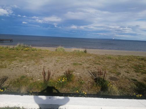 A band of blue sky, darker blue water, and grassy sand. At the bottom, is the shadow of a person taking a photo of this scene.