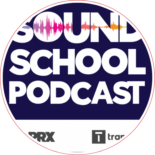 Sound School Podcast text on Navy Background with PRX and Transom Logos and a colorful audio waveform
