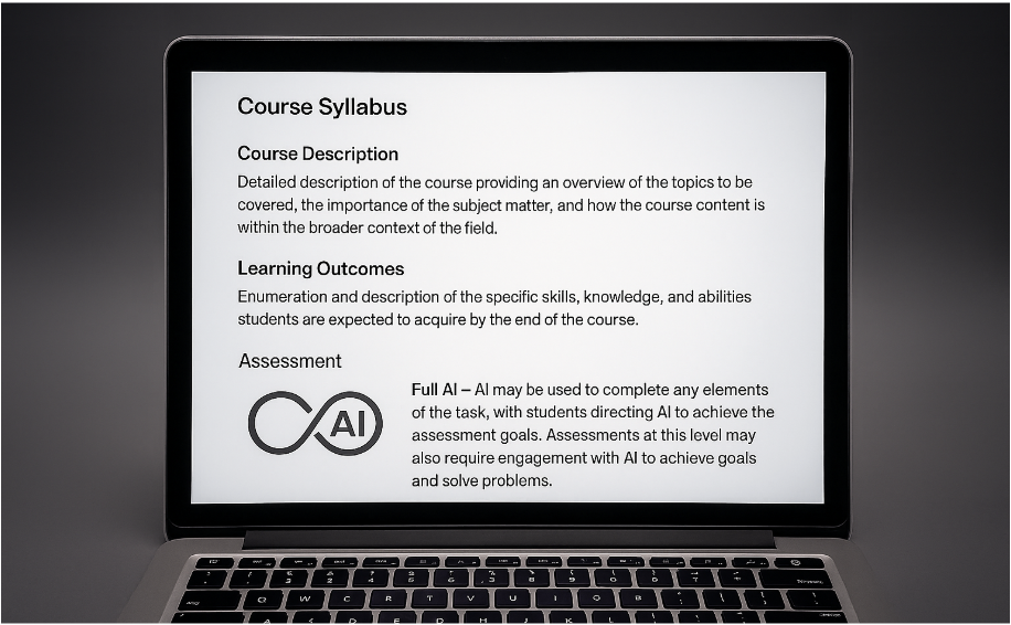 The AI Assessment Scale can be integrated into course syllabi to indicate to what extent AI is permitted in the course (Image generated by Sora)