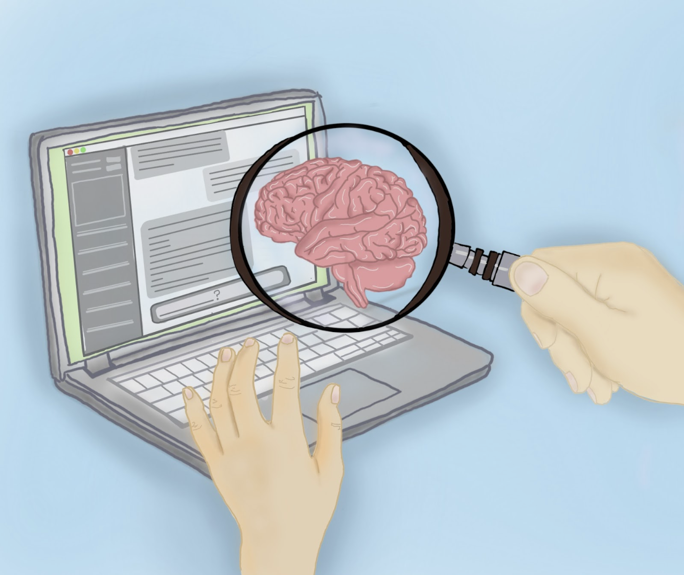 This image is an original illustration by Maya Raphael, DFI Scholar in Summer 2025. Maya has drawn a laptop in the background that is open, and a pink human brain floats in front of it. A pair of human hands hold up a magnifying lens over the floating brain. This image is a visual metaphor of the need for curiosity in the complex human-computer interactions involved with evolving AI technologies.