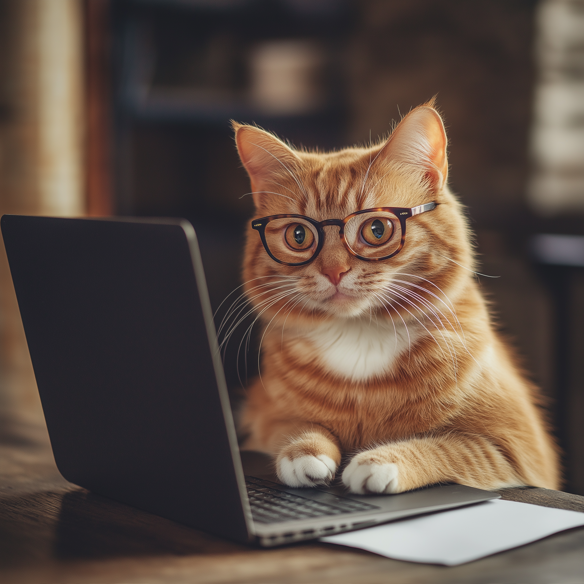 In this Ai-created image, an orange tabby cat wears a tortoise-shell framed pair of glasses. The cat rests its 2 paws on a the laptop mousepad while it looks thoughtfully at the screen. There are papers under the laptop and a blurred background.