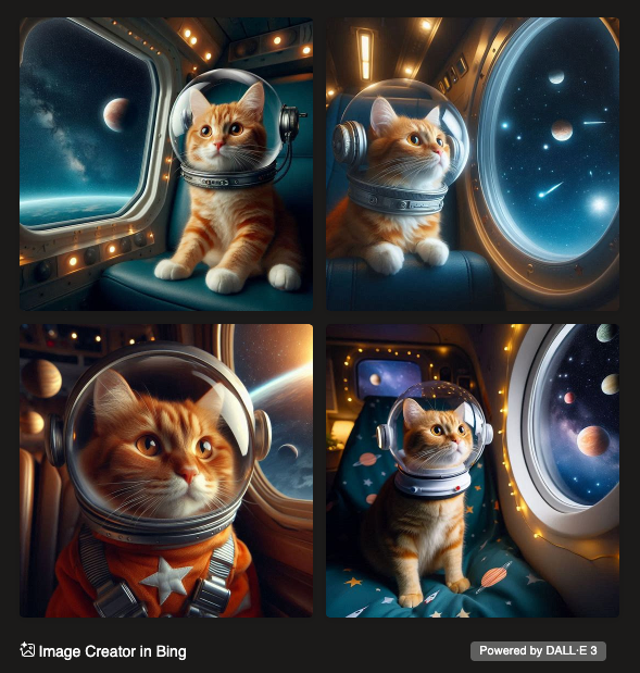 A screenshot in four tiles of four realistic looking orange cats generated by bing AI in space ships with windows looking out on space with small variations