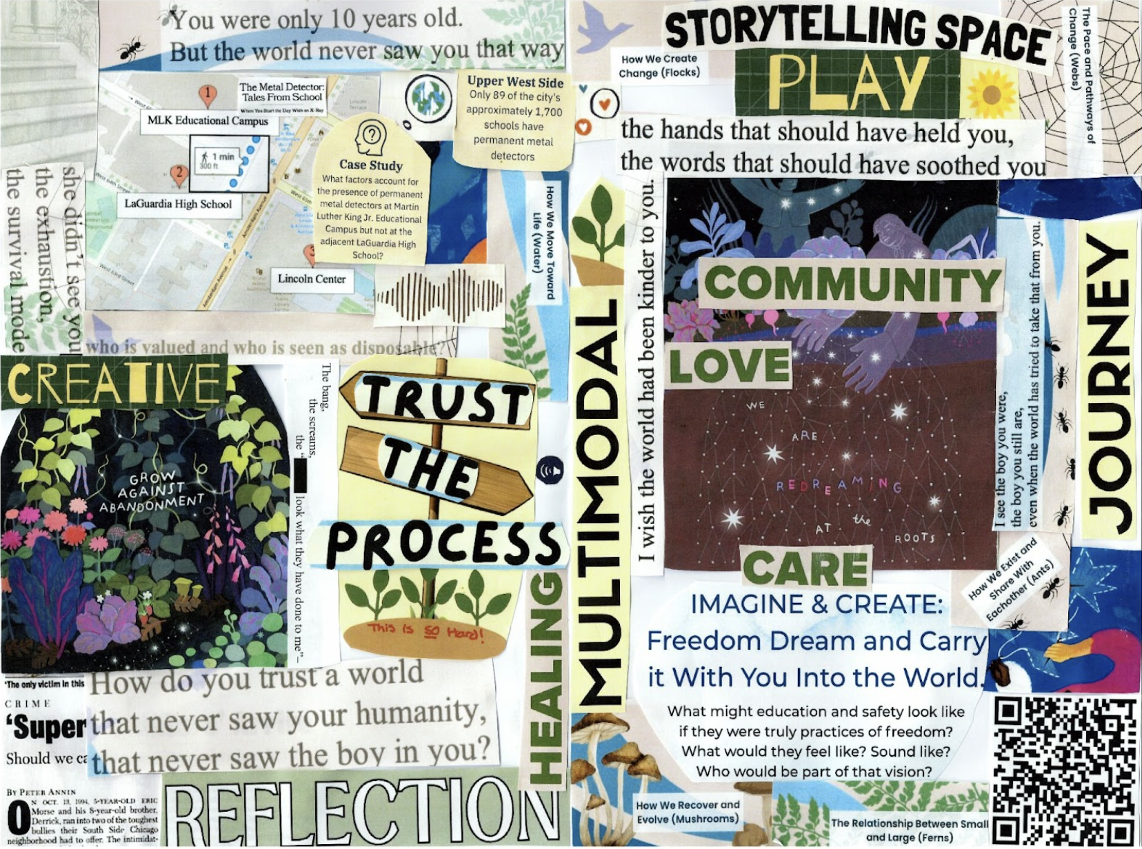 Andrea made a collage on her own, and she's chosen it to illustrate her section of this piece subtitled, “Andrea: Permission to Pay through Collage”. It contains images like maps, flowers, spider web, ants, staircase, and people’s hands. It contains words like community, love, creative, reflection, storytelling space, journey.