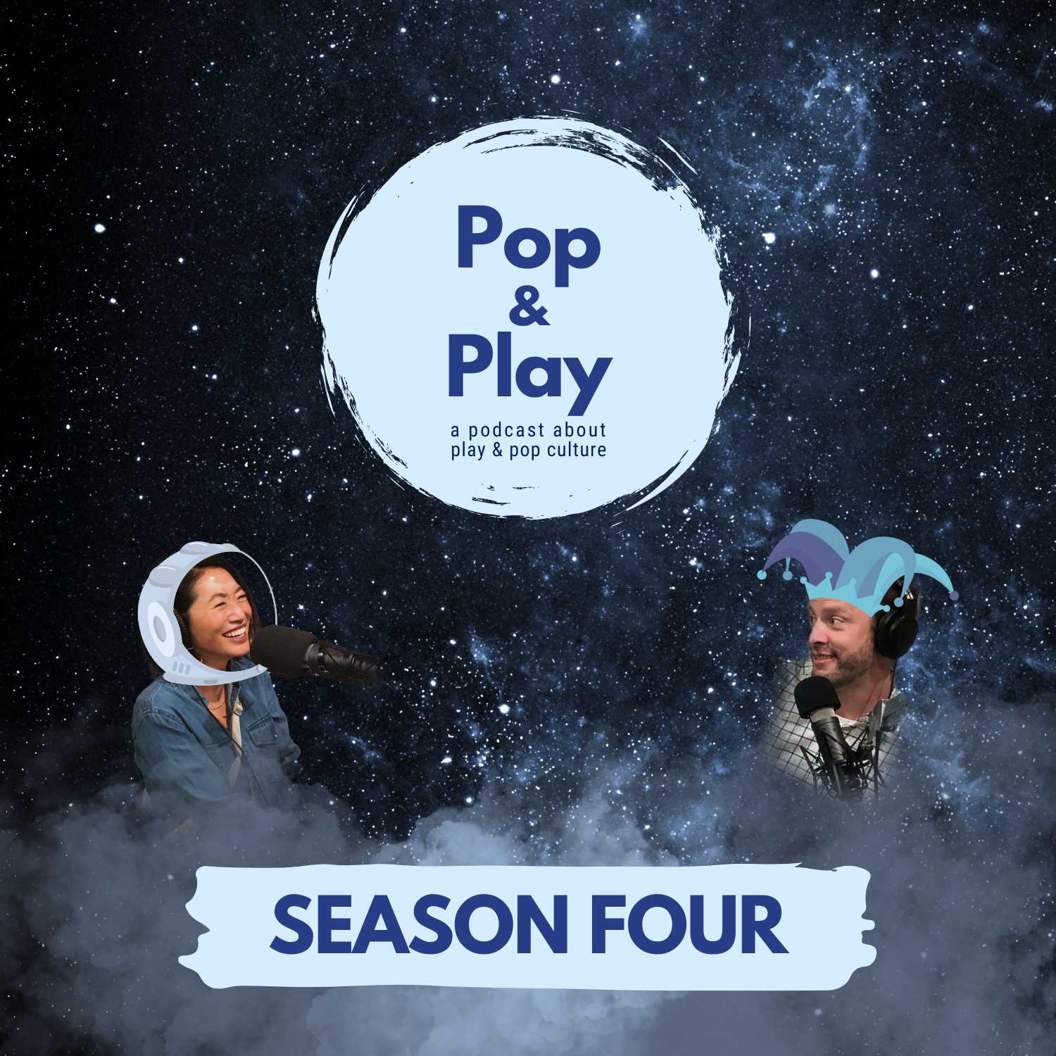 Haeny and Nathan, the podcast hosts, photoshopped into outer space background with pop and play podcast logo and 