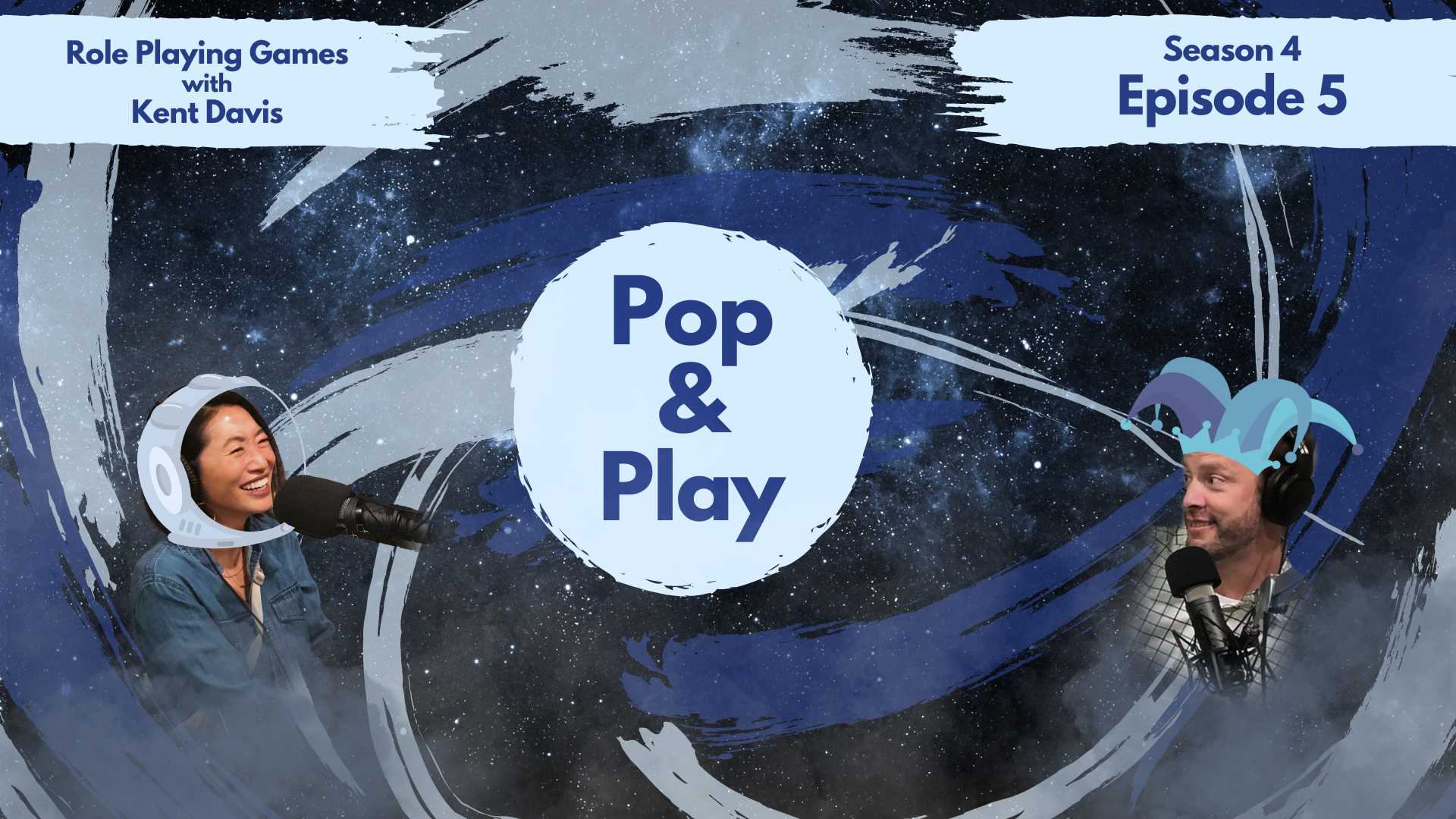 Haeny and Nathan, the podcast hosts, photoshopped into outer space background with pop and play podcast logo in the middle and episode details on top corners
