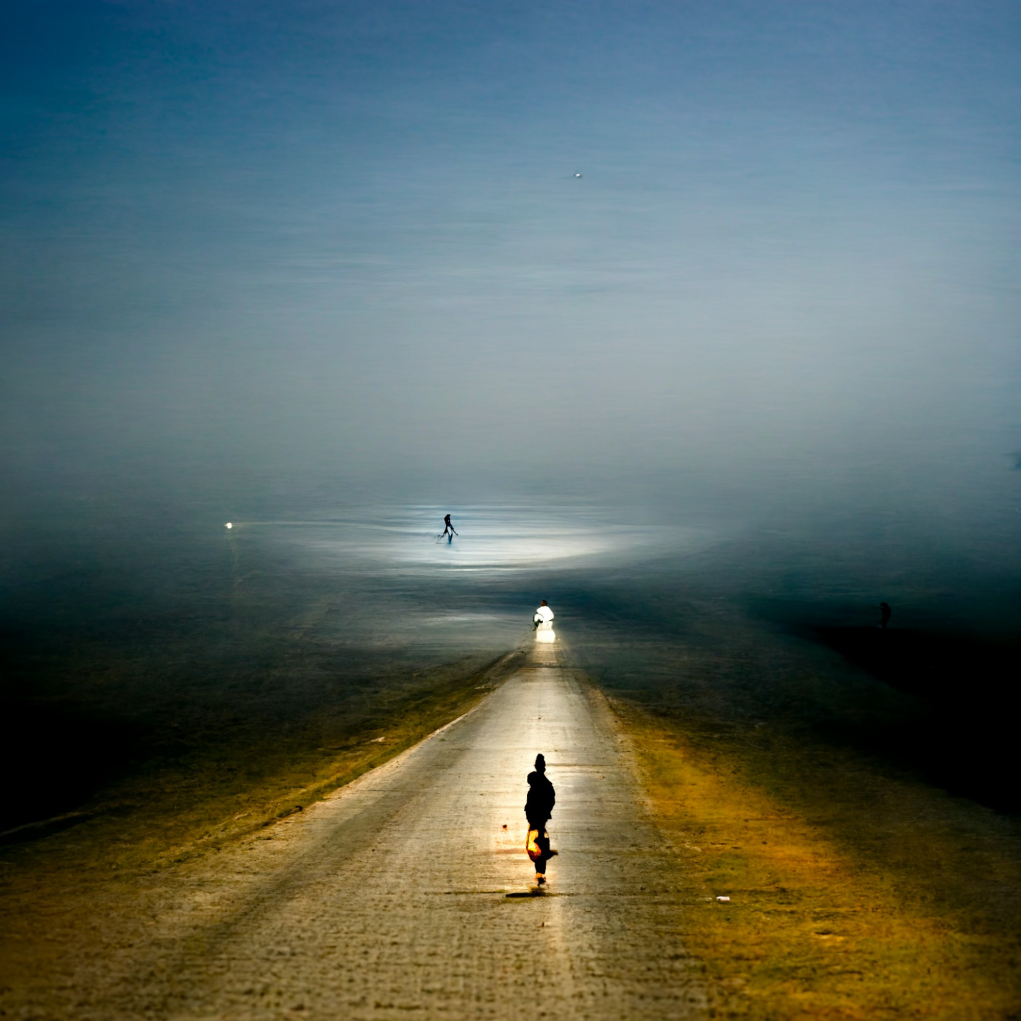 A lone person on an eerie empty road at dusk