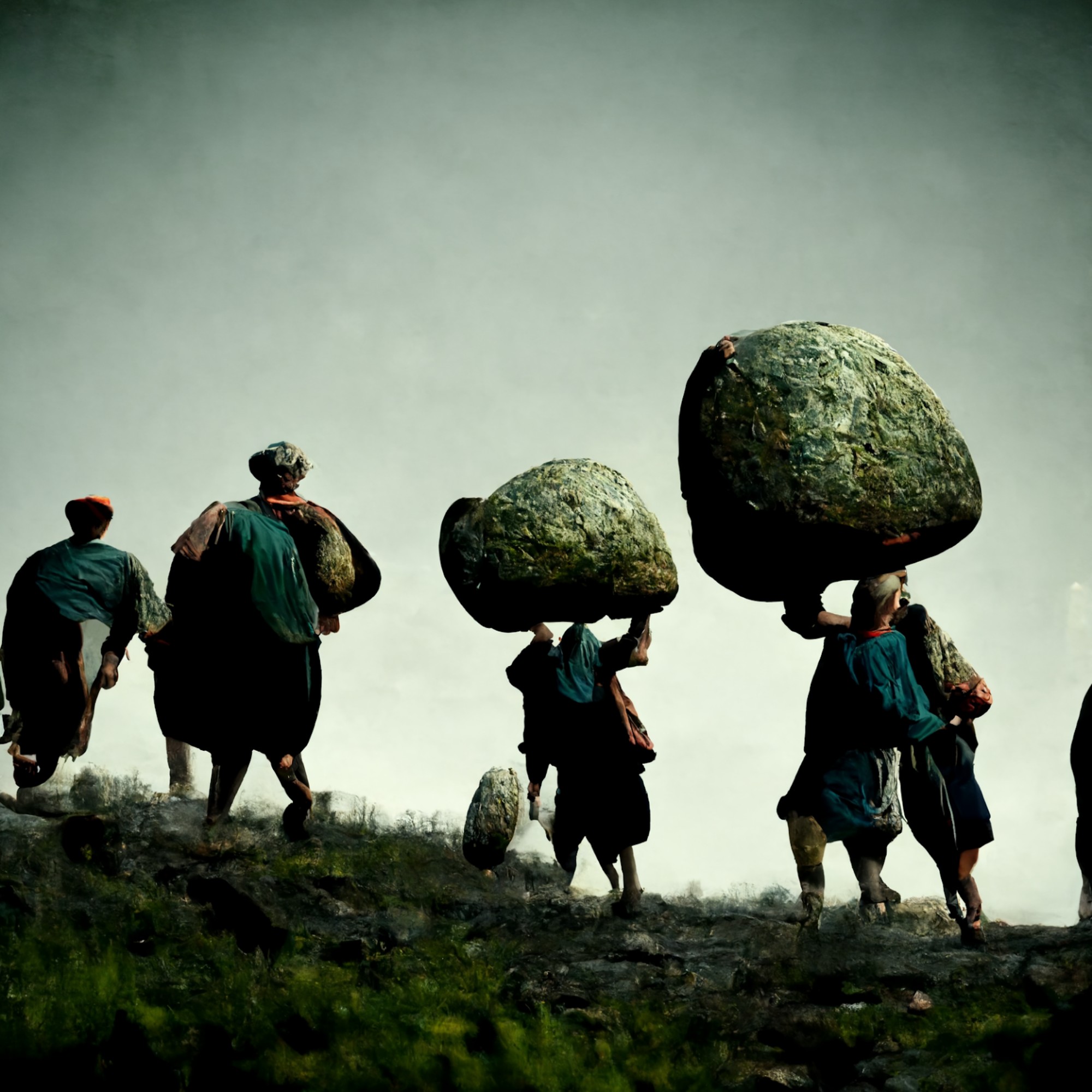 A group of people carrying large rocks