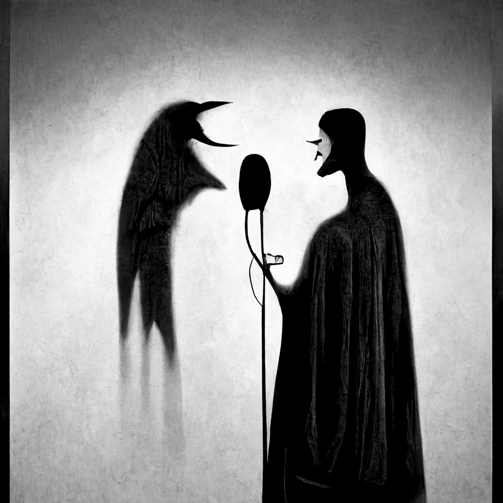 Stylized person at microphone, facing their own shadow