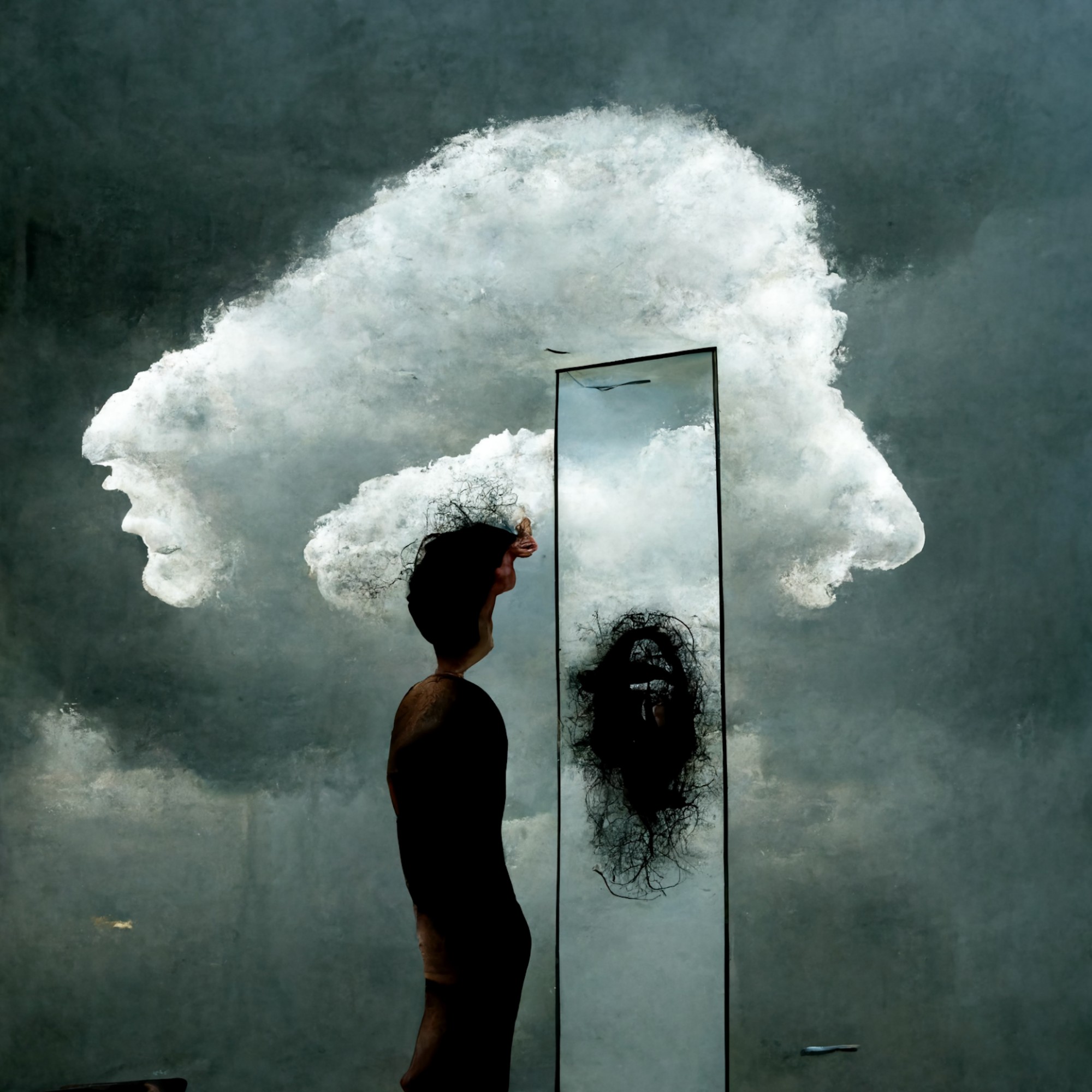 Person looking into a mirror, against the background of clouds