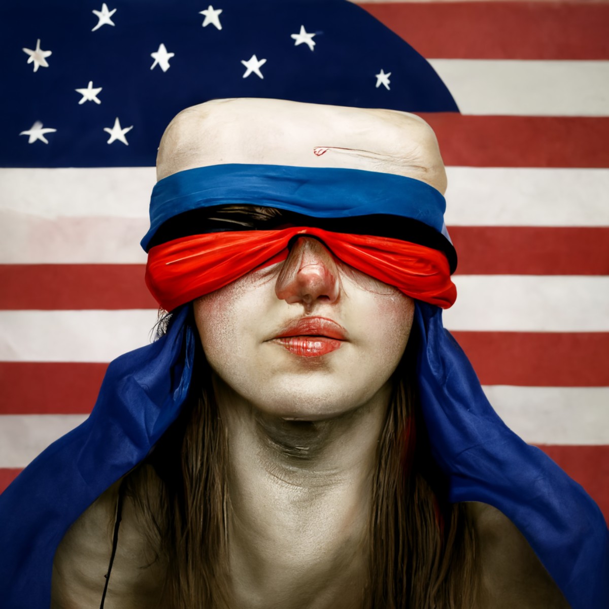 Blindfolded person, set against the background of the American flag