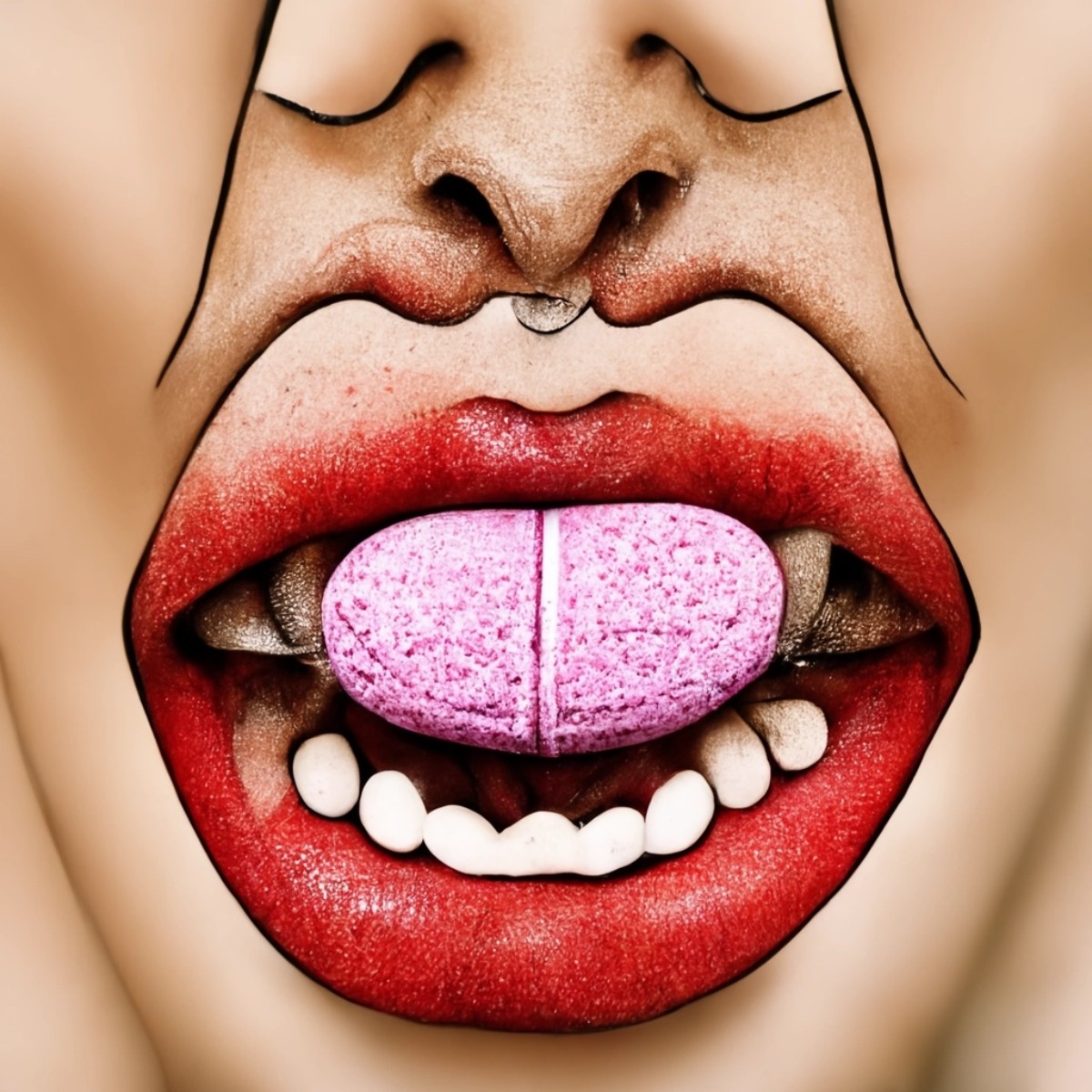 Close-up of open mouth with pill on tongue