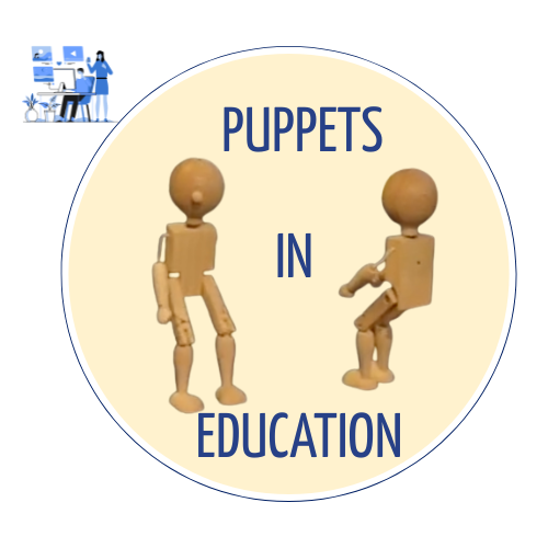 Two wooden marionette puppets face each other against a pale yellow background with the text “Puppets in Education” between them. A small logo for the Digital Futures Institute is in the upper left corner.