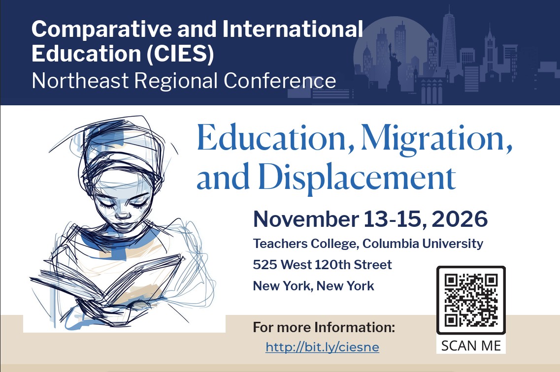 Postcard advertising the Education, Migration, and Displacement conference on November 13-15, 2026 at Teachers College