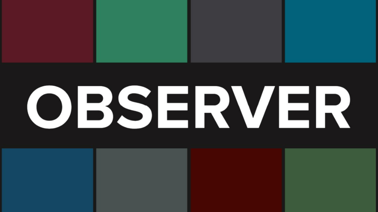 Observer logo white letters multicolored stripes behind it