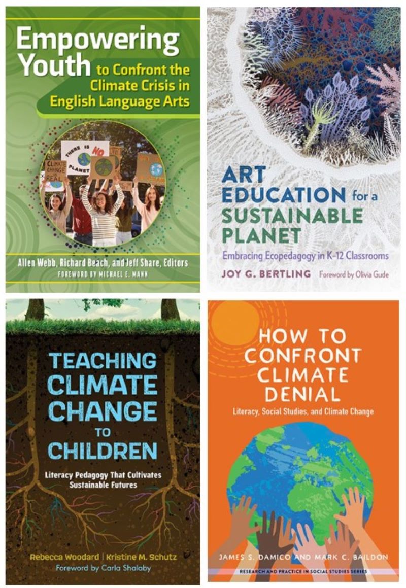 A collage of four climate book covers