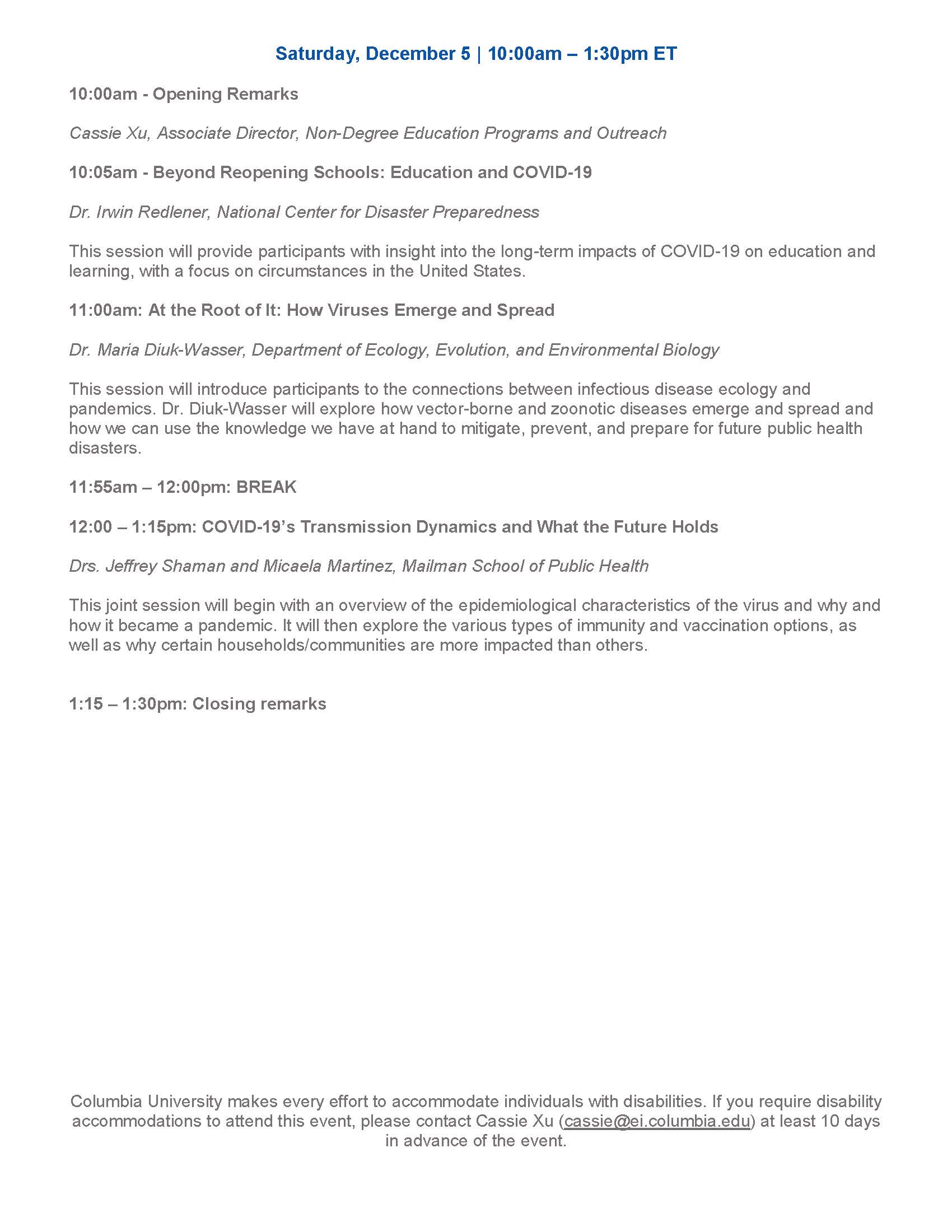 E.I Teach The Science of Covid Schedule