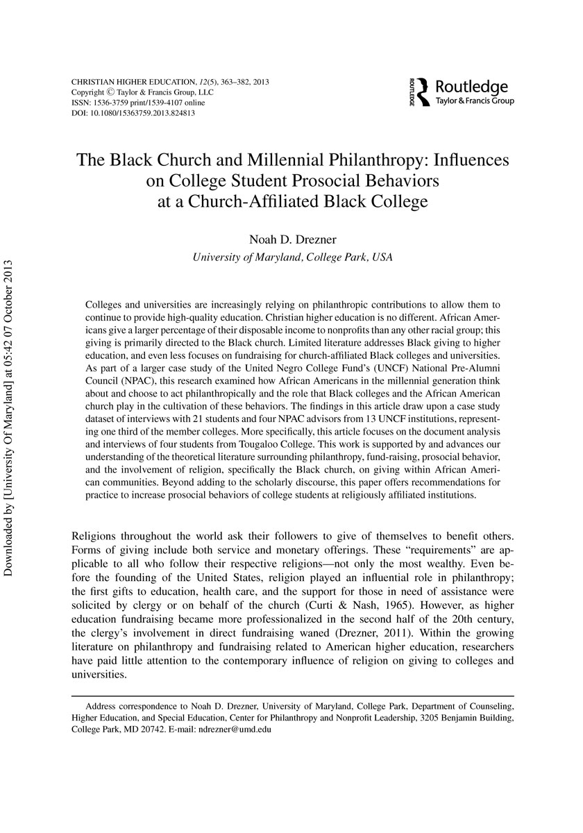 The Black church and millennial philanthropy: Influences on college student prosocial behavior at a church-affiliated Black college