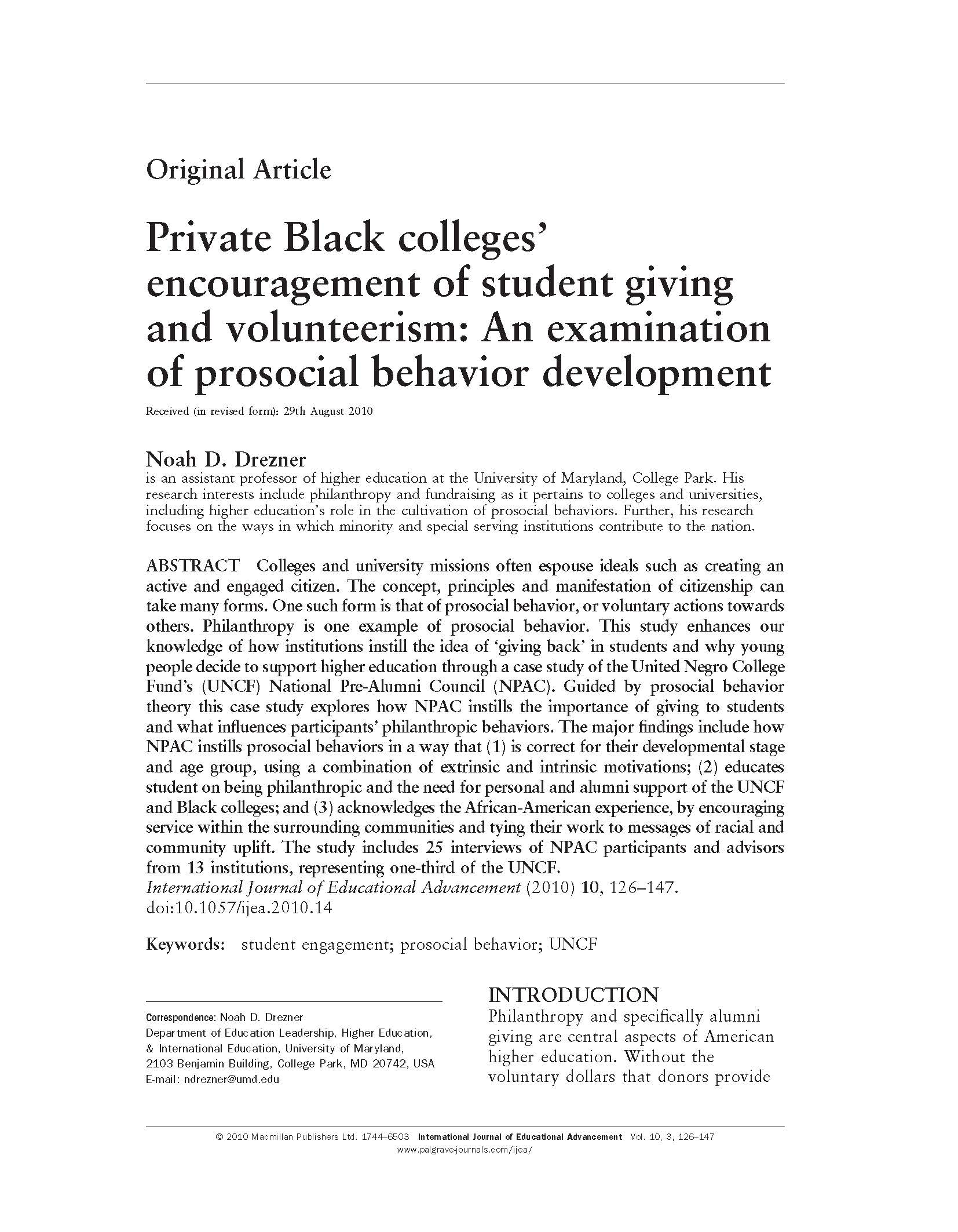 Private Black colleges’ encouragement of student giving and volunteerism: An examination of prosocial behavior development