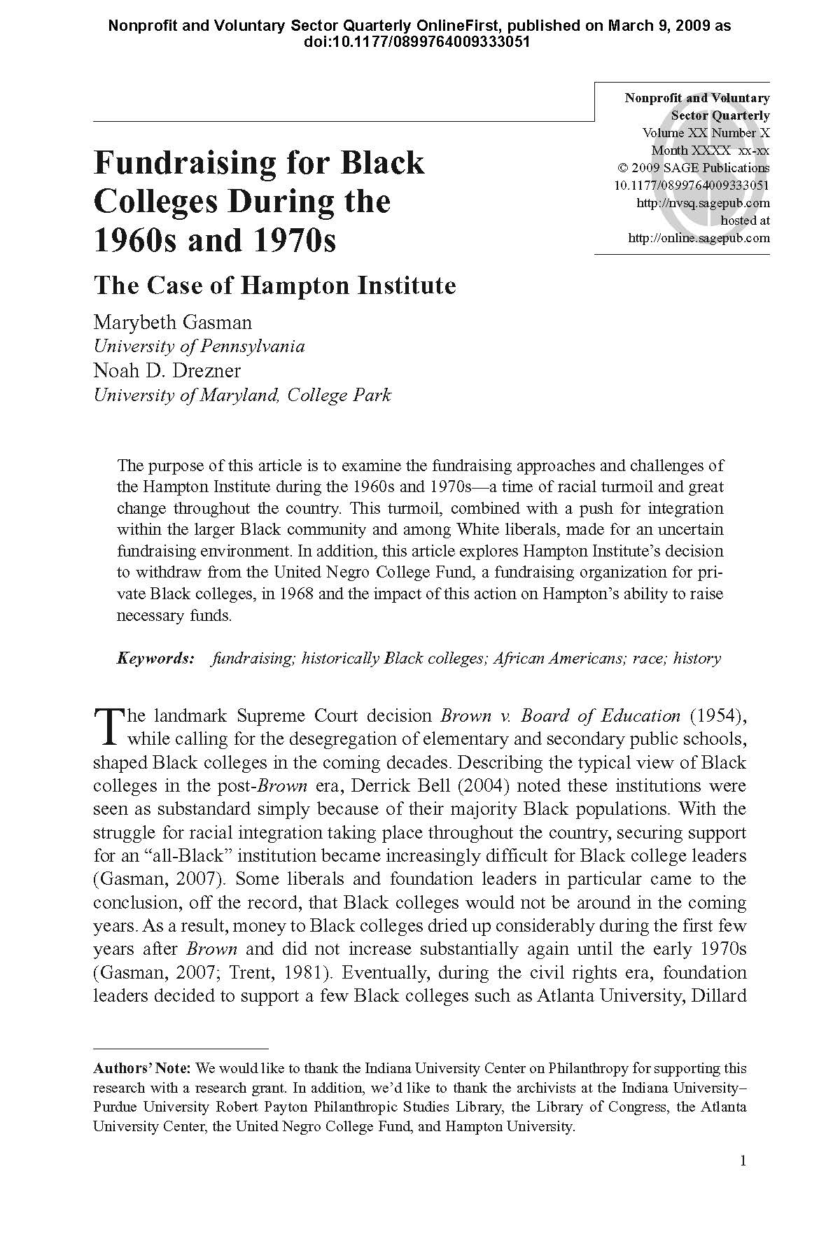 Fundraising for Black colleges during the 1960s and 1970s:  The case of Hampton Institute