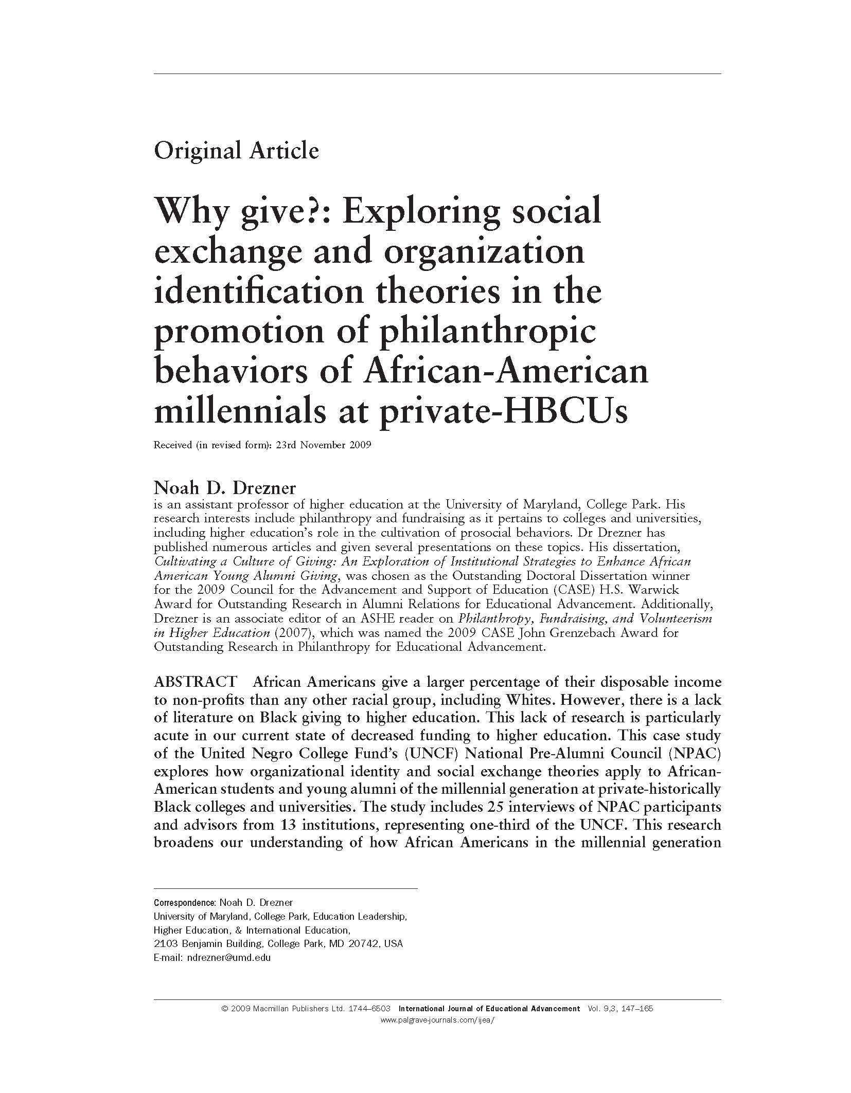 Why give?: Exploring social exchange and organizational identification theories in the promotion of philanthropic behaviors of African American millennials at private-HBCUs