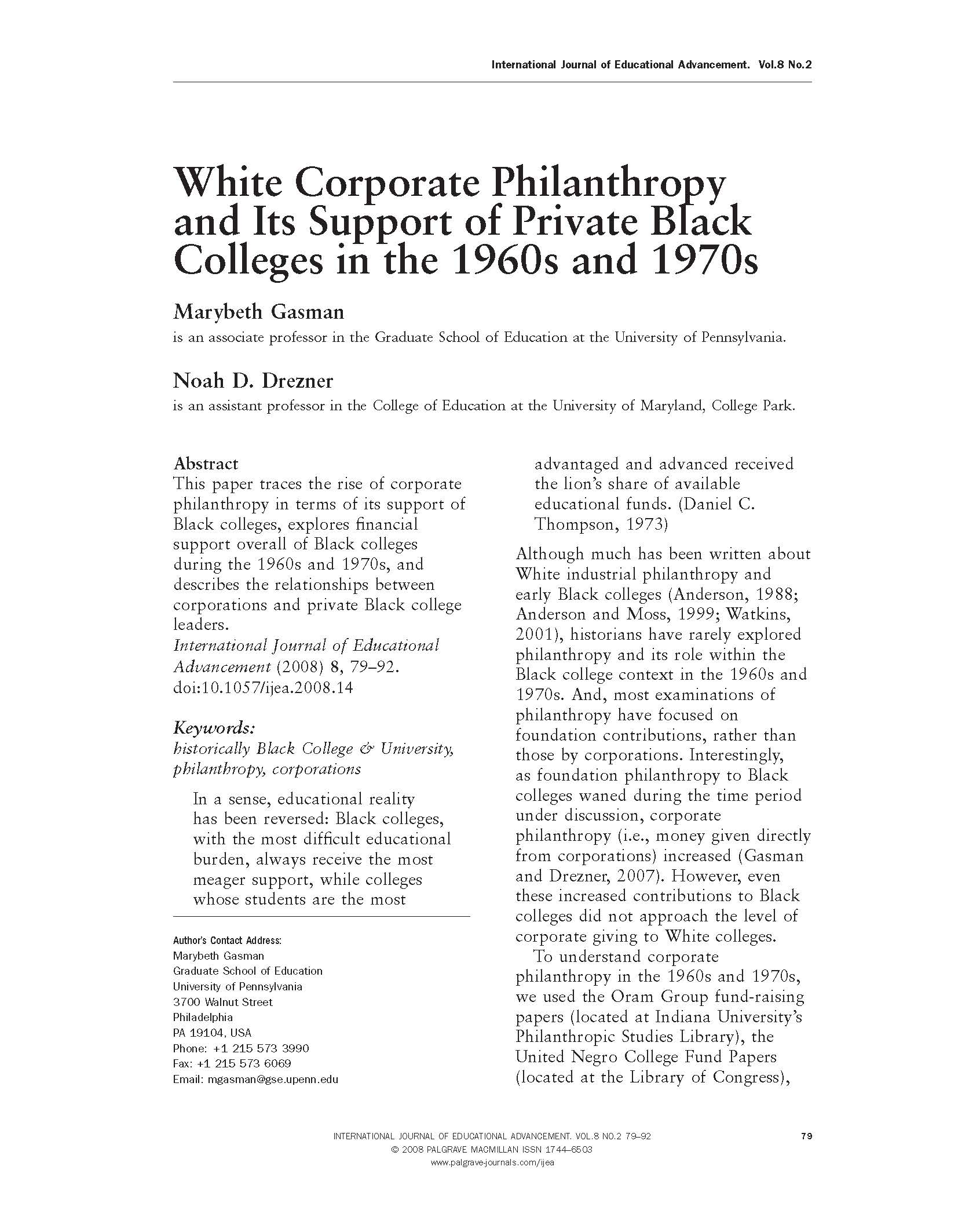 White corporate philanthropy and its support of private Black colleges in the 1960s and 70s