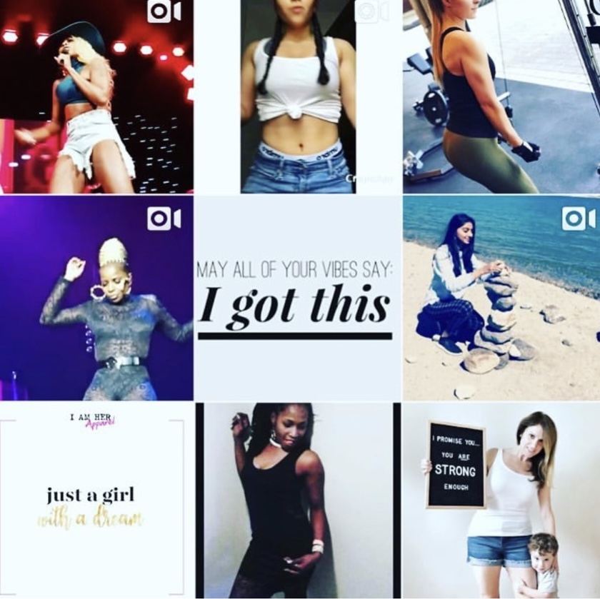 nine images in a square layout, all of various women dancing or messages about women's strength