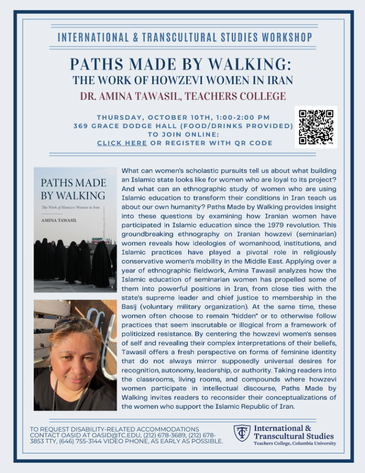 A flyer outlining the details for Amina Tawasil's book talk. It features a headshot of Dr. Tawasil and the cover of her new book, which is an image of a group of Iranian women wearing all-black garments.