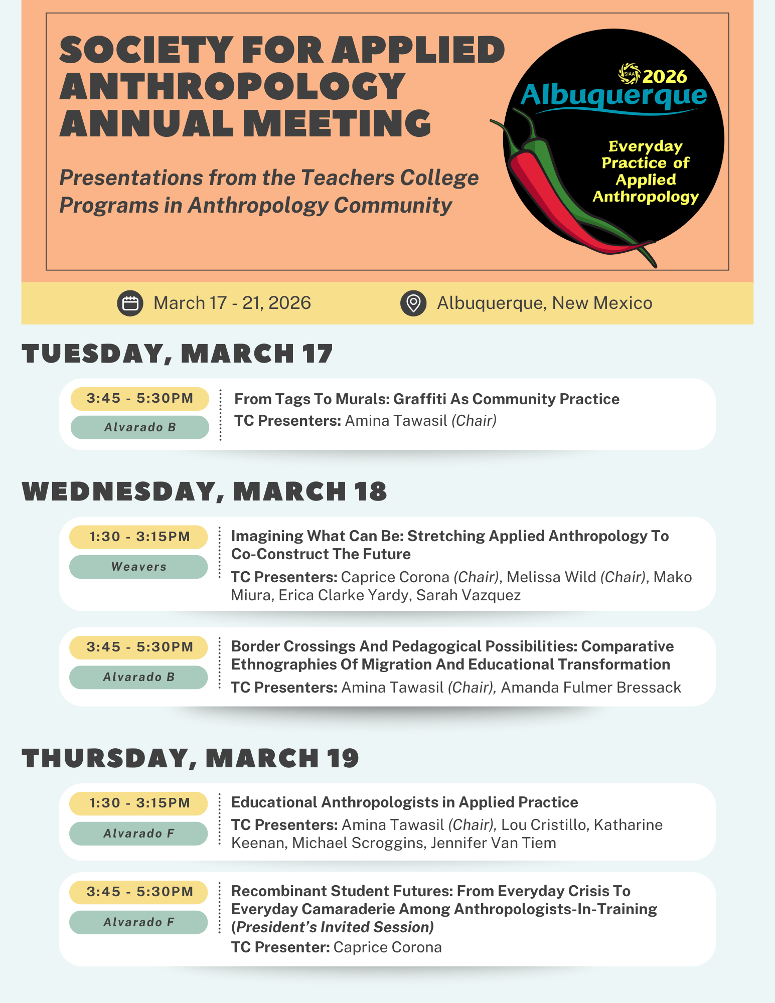 List of presentations from the TC Anthropology community at the SfAA Annual Meeting