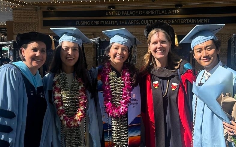 Professor Mary Mendenhall and Professor Garnett Russell with the new graduates Paola Abril, Jazmin Guardado and Yuta Kumazaki
