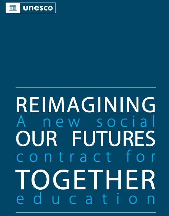 UNESCO dark blue banner that describes their mission for reimagining the future of education