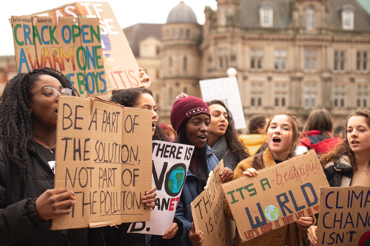 People protesting and holding up cardboard signs about climate change