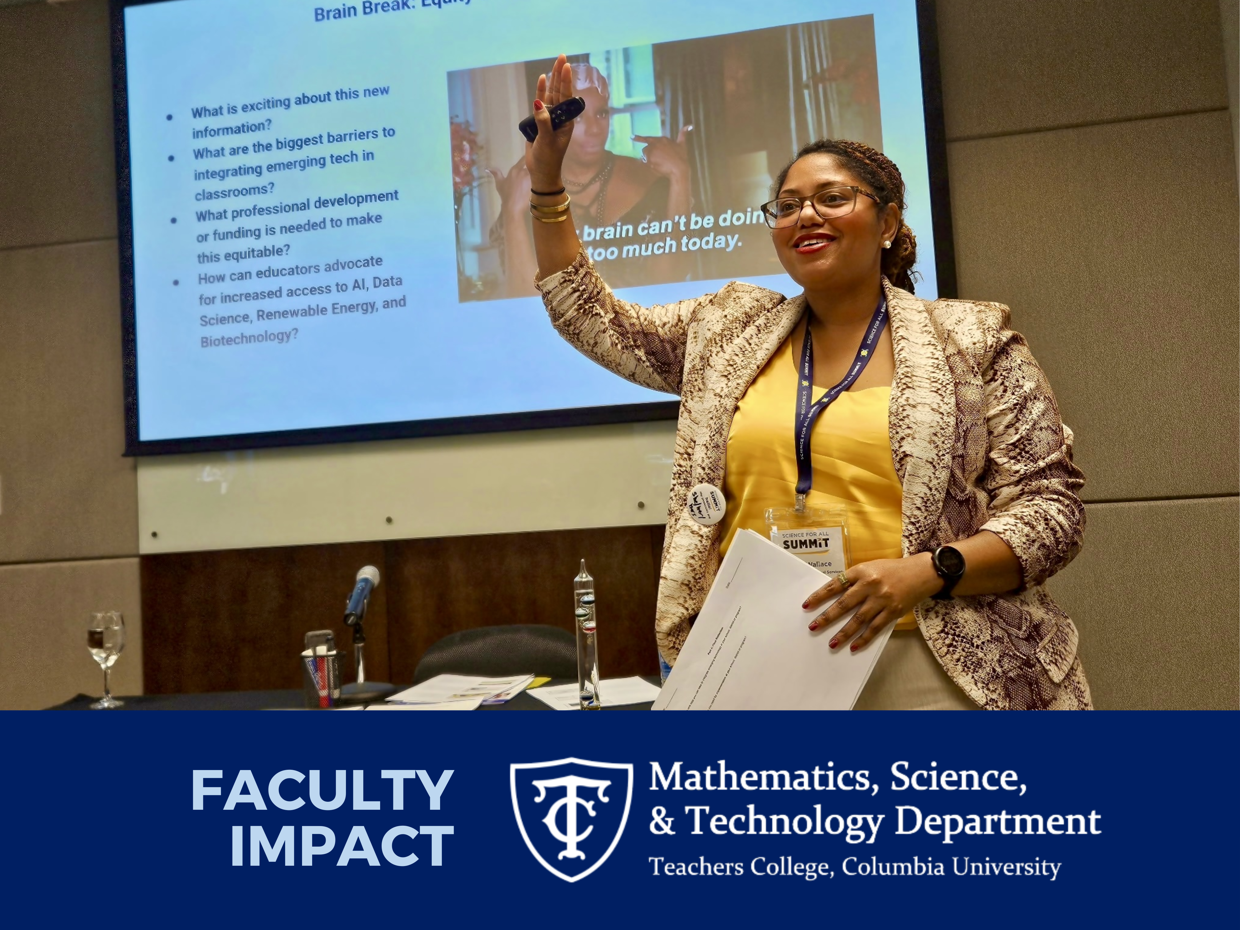 Chéla Wallace stands in front of a powerpoint presentation with her hand raised, facilitating a workshop. Below the image is a graphic that says 