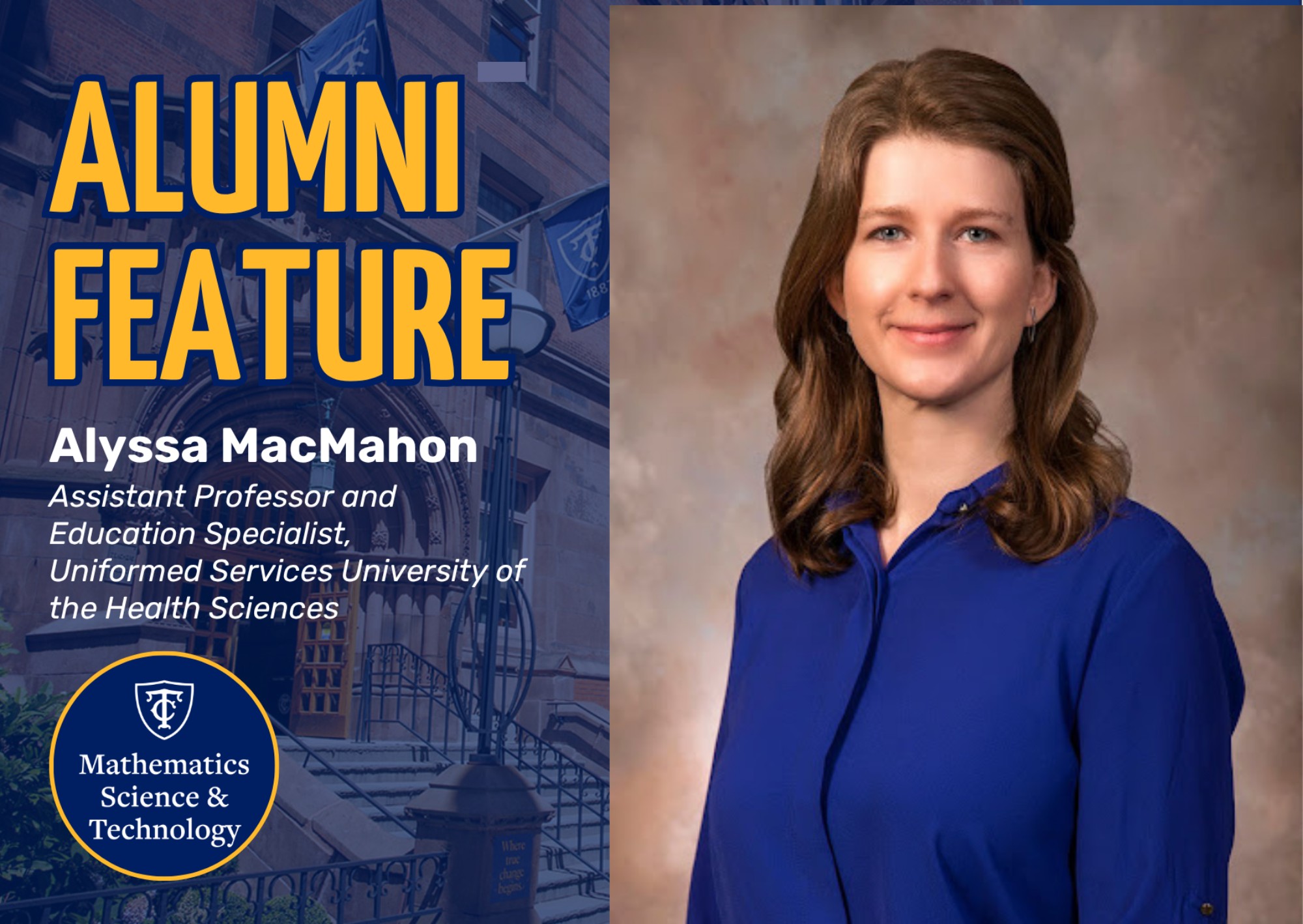 Mathematics Education Alum Alyssa MacMahon next to a graphic that says 
