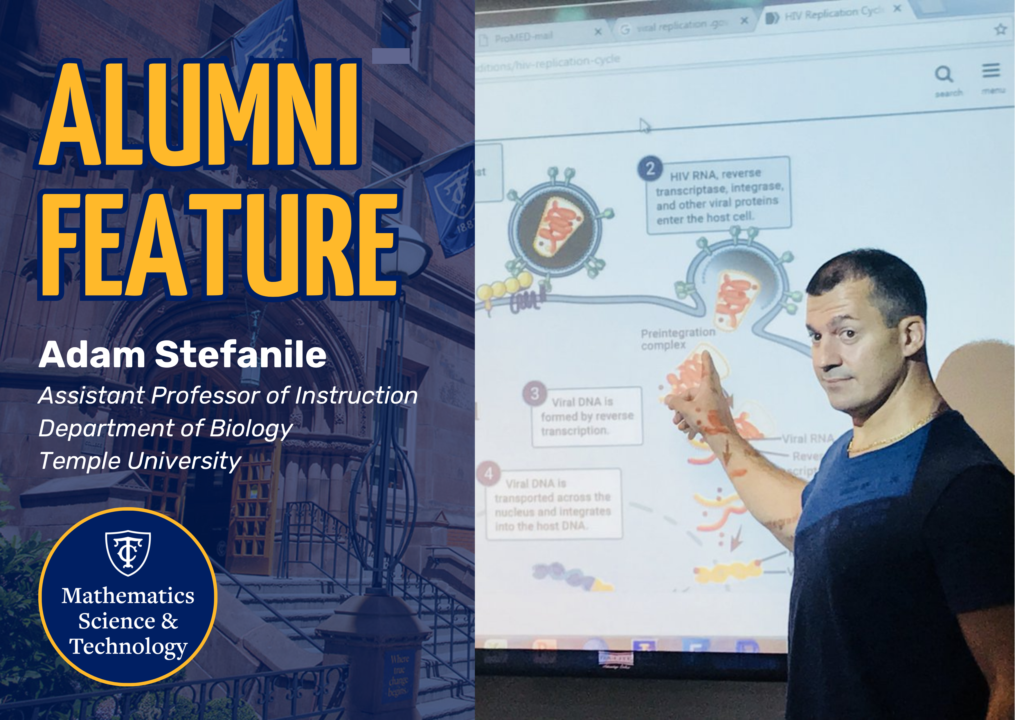 An image of science ed alum Adam Stefanile teaching a class, next to a graphic that says 