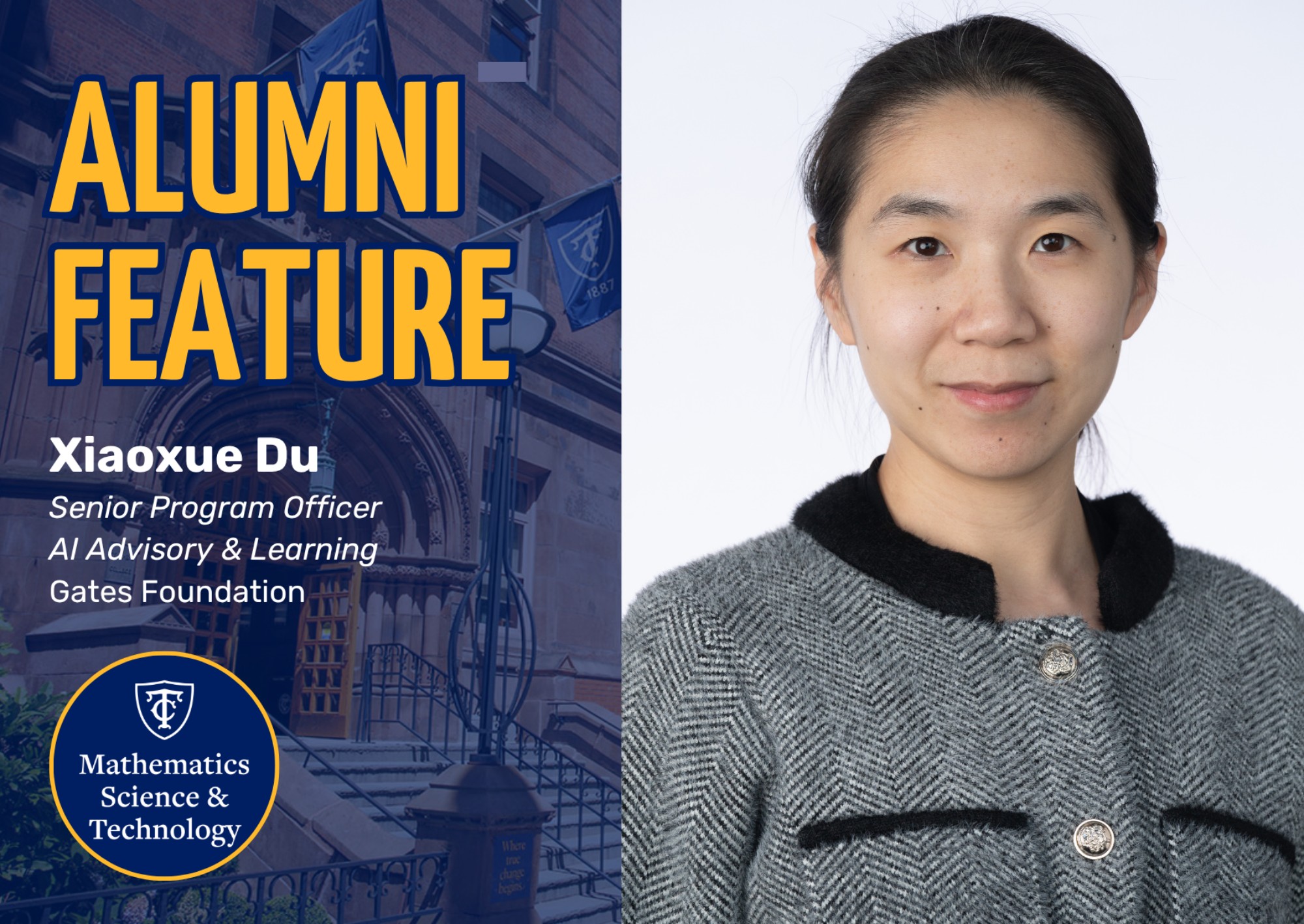 A headshot of TML Alum Xiaoxue Du next to a graphic that says 