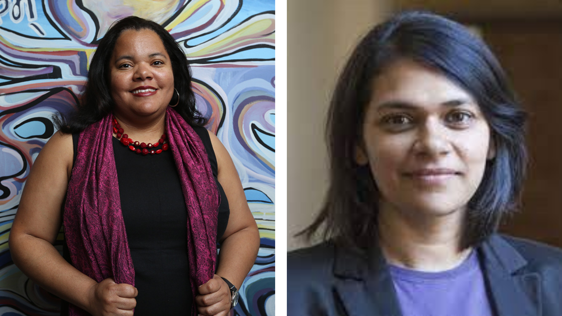 A headshot of Dr. Erica Walker in a black dress and red scarf on the left, and a headshot of Dr. Lalitha Vasudevan in a periwinkle shirt and black blazer on the right.