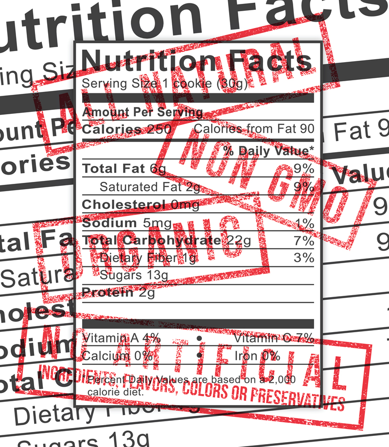 Nutrition label with rubber stamps that say the product is Natural, Non-GMO, Organic