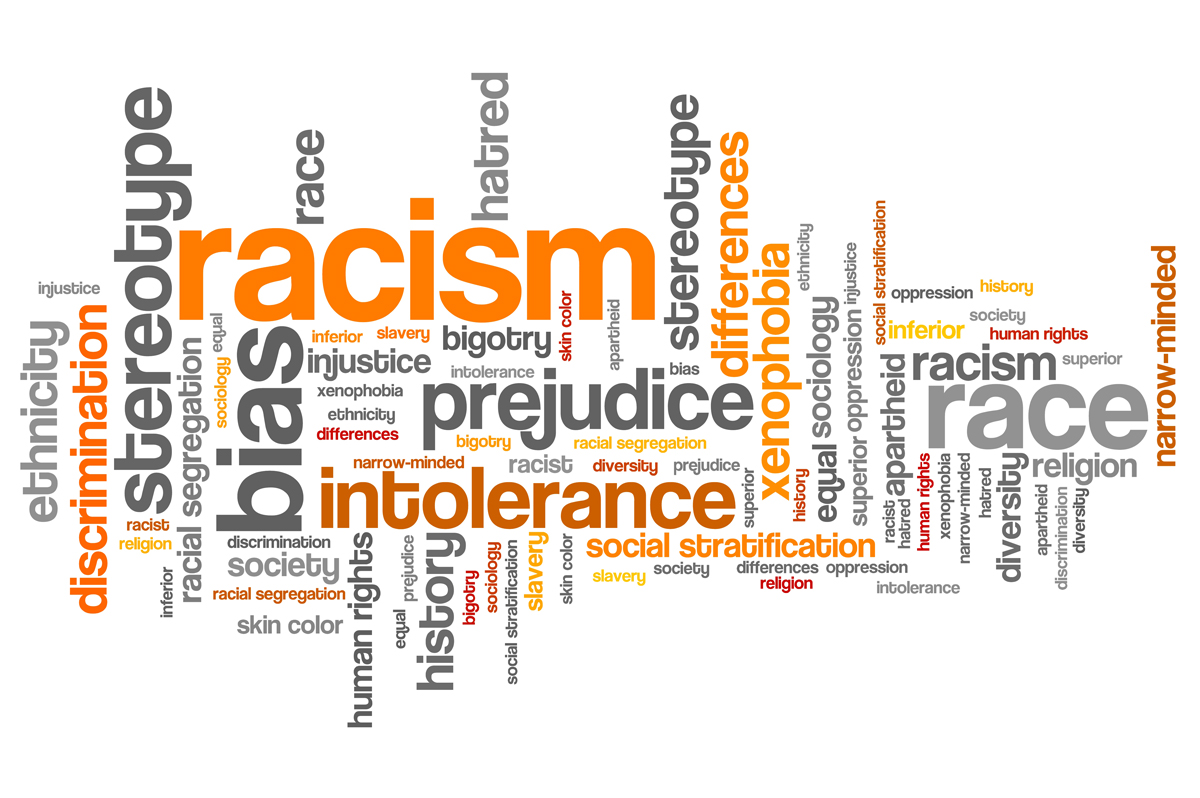A word cloud with racism, prejudice, bias, and intolerance prominently featured.