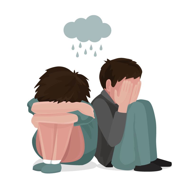 An illustration of two sad people covering their faces while a cloud rains on them.