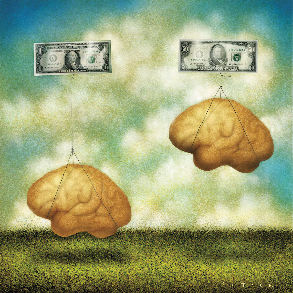 An illustration of two brains being held aloft by dollars