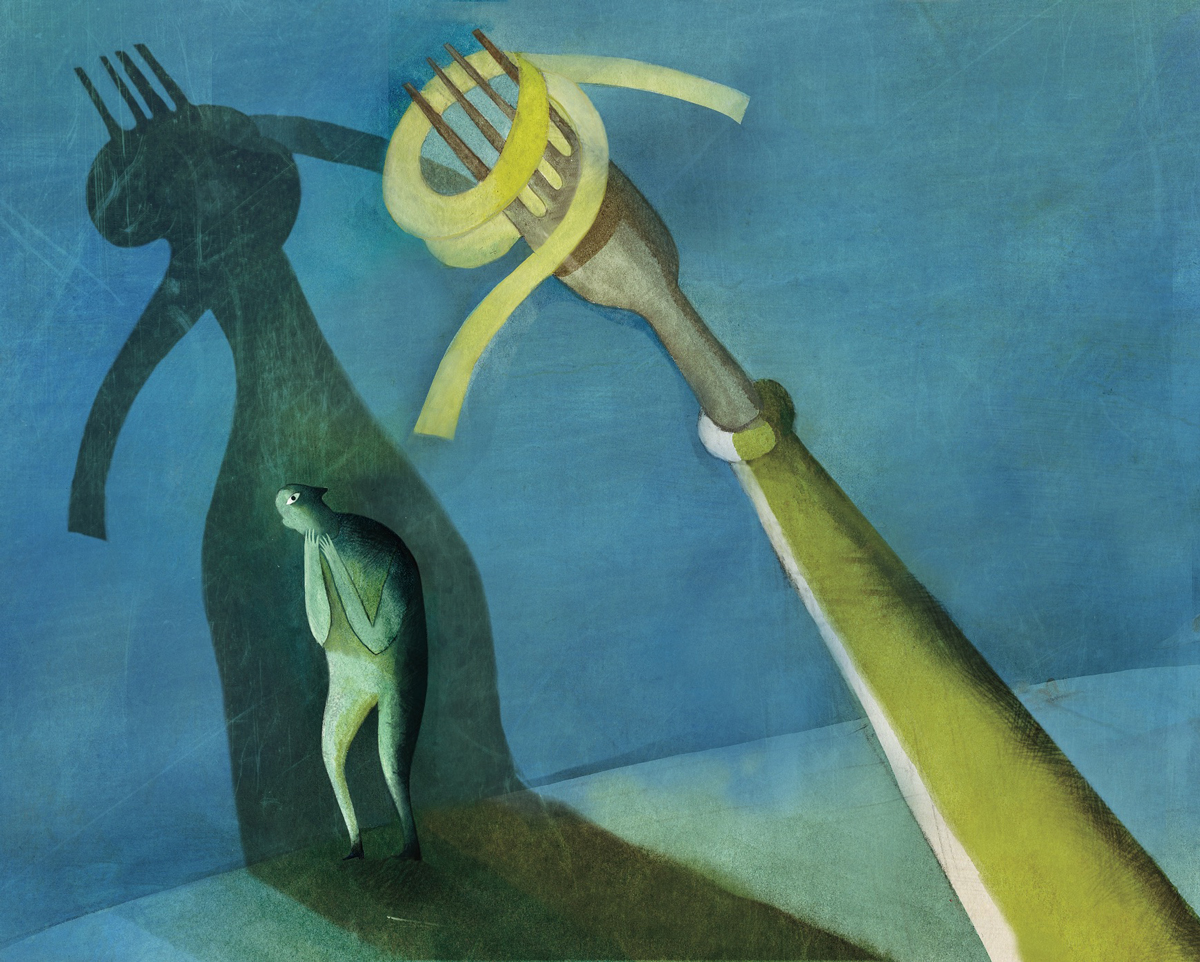 An illustration of a fork with pasta wrapped around it and a person cowering in the background