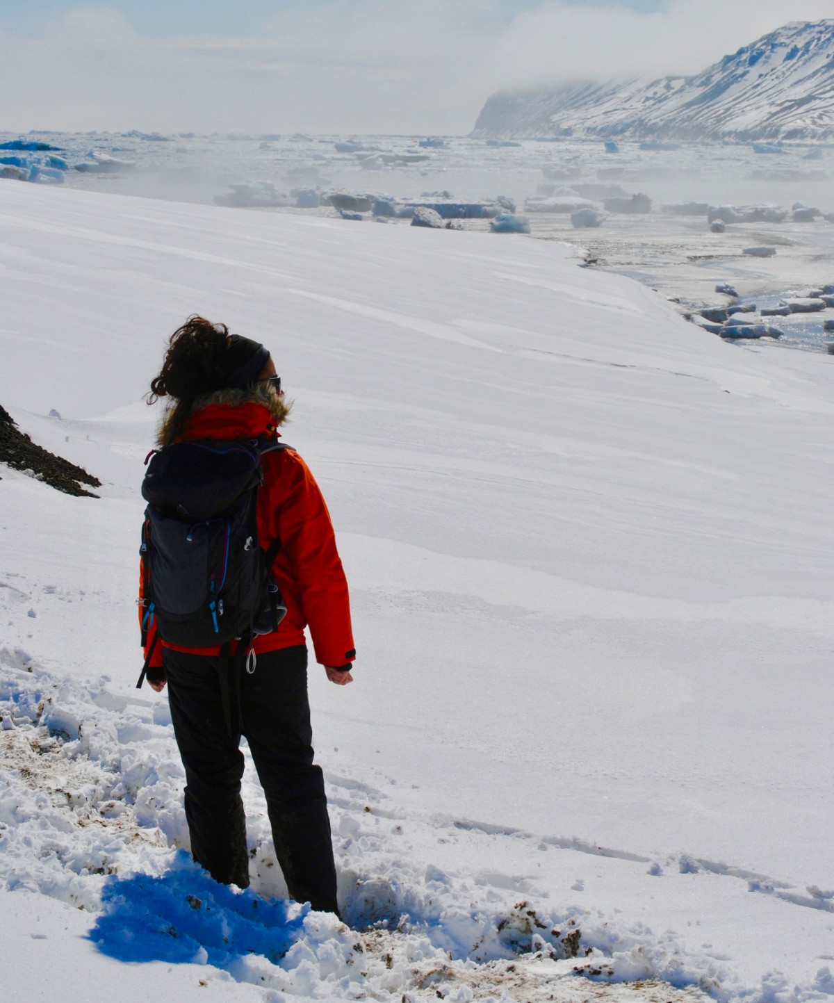 Female turned away from camera looking out across snowy mountains