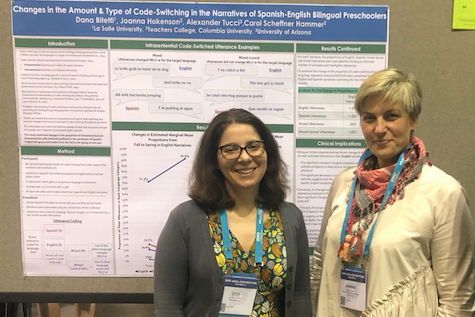 ASHA 2019 in Orlando poster by doctoral student Joanna Hokenson (right) from Dr. Carol Hammer's lab on 