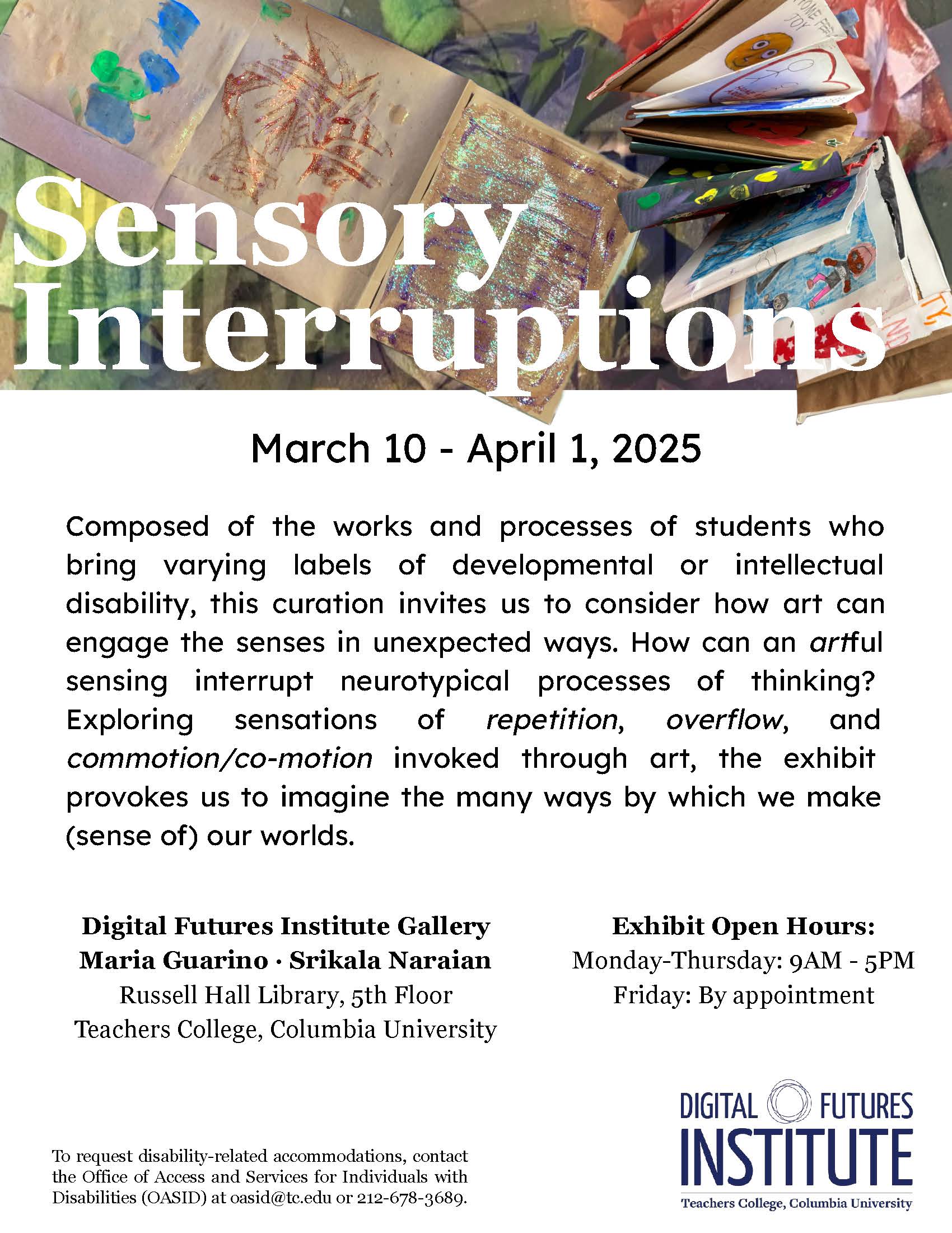 [image description of poster: This is a white poster with images of floating accordion books made of brown Kraft paper at the top. The books contain glitter, paint, fabric, and more. On top of the books is the title: 