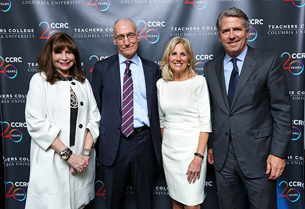 Biden with, from left, TC President Susan Fuhrman, Thomas Bailey, Founding Director of CCRC; and James Milliken, Chancellor of the City University of New York