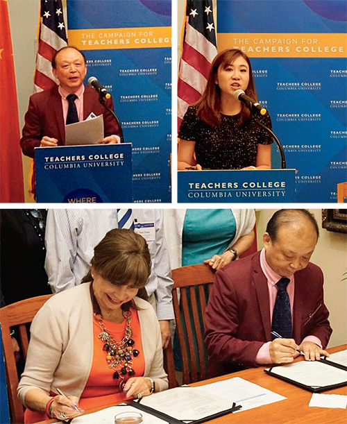 IN AGREEMENT (From left): China- America Friendship Association Executive Chairman Yunfei ‘‘Frank” Xiao; Ting ‘‘Crystal” Zhou, the Association's Secre- tary General; and
TC President Susan Fuhrman