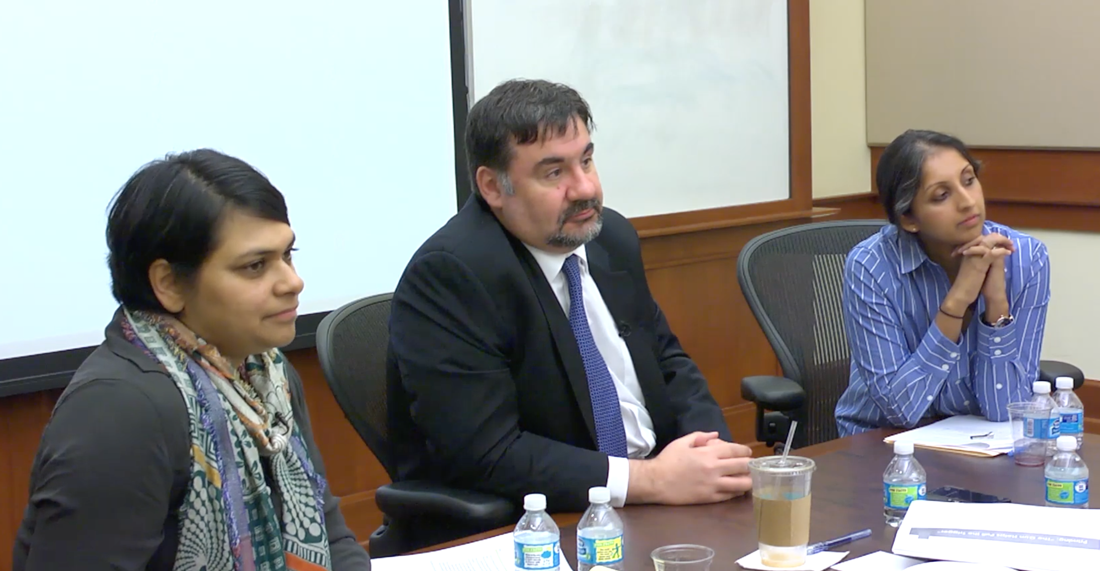 Rampage Nation author Louis Klarevas, shown here with TC Professors Lalitha Vasudevan (left) and Sonali Rajan (right), spoke at TC in October.