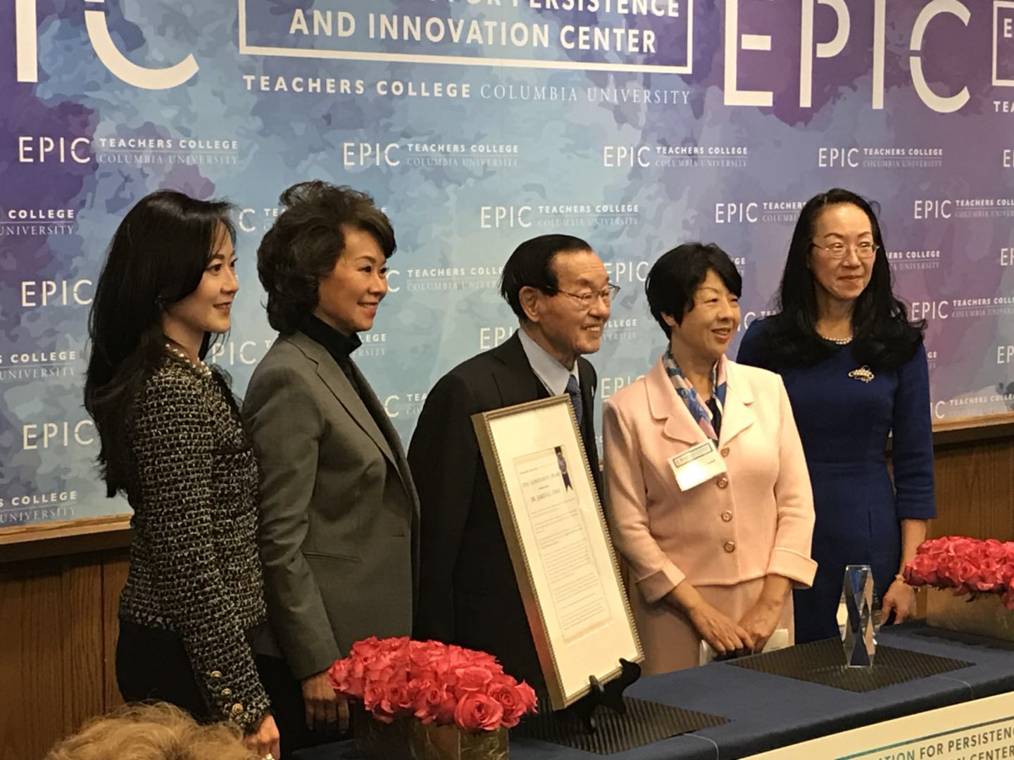 SELF MADE From left: Angela Chao; Elaine Chao; James S.C. Chao; TC Professor Xiaodong Lin; and May Chao.