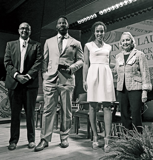 MONEY PLAYERS In April 2016, football great Justin Tuck and his wife, Lauran, joined with Trustee Joyce Cowin and faculty member Anand Marri to celebrate the online expansion of TC’s Cowin Financial Literacy Program.