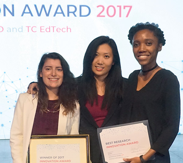 HI-TECH TRIO Danielle Llaneza (M.A. ’18), Rebecca Kwee (M.A. ’18) and Asha Owens (M.A. ’18) won TC’s first student EdTech Innovation Competition for Best Fit, an app that helps high school students learn about college life.